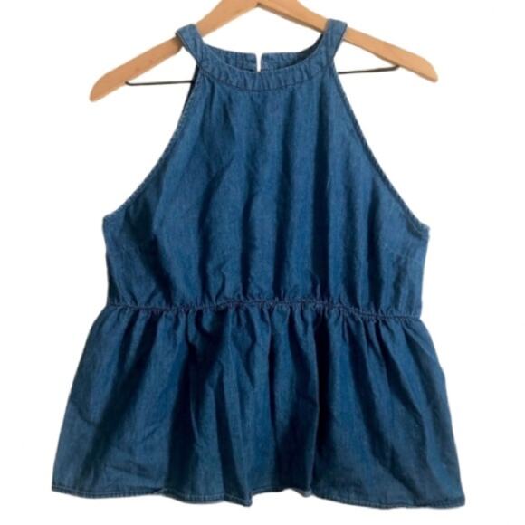 Tea Rose Blue Chambray Soft Denim Cotton Peplum High Neck Sleeveless Tank Top - Picture 1 of 7